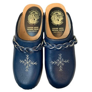 J. Walkley Clogs Shoes Womens 7.5 Blue Slip On  Plaited Strap Leather Wood